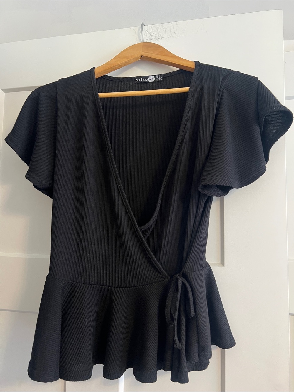 boohoo Black One-Shoulder Ribbed Wrap Top with Peplum